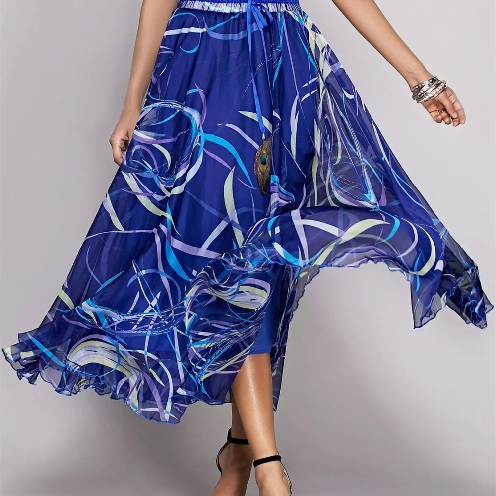 Blue and White High-Low Maxi Skirt for Resort Wear
